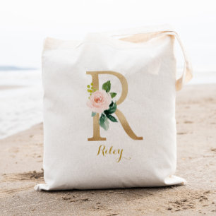 Gold Letter R and Blush Floral Personalised Tote Bag