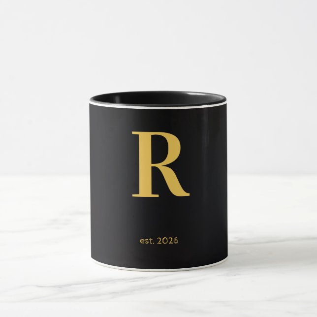Gold Letter R Black Mug | Minimalist Monogram Mug (Center)