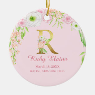 Gold letter "R" Floral Monogram Birth Stats Custom Ceramic Tree Decoration