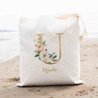 Gold Letter U and Blush Floral Personalized Tote Bag
