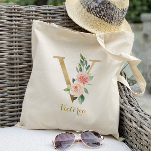 Gold Letter V and Blush Floral Personalised Tote Bag