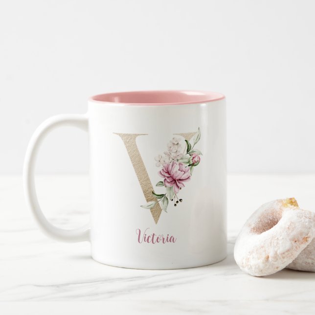 Gold Letter V, Monogram v, Pink Floral Gift Her Two-Tone Coffee Mug (With Donut)