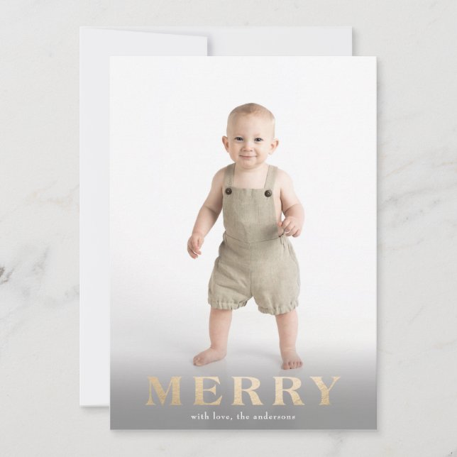 Gold Lettering Overlay Bold MERRY Photo Card (Front)