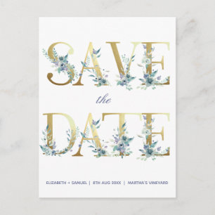 Gold Letters Blue Watercolor Flowers Announcement Postcard