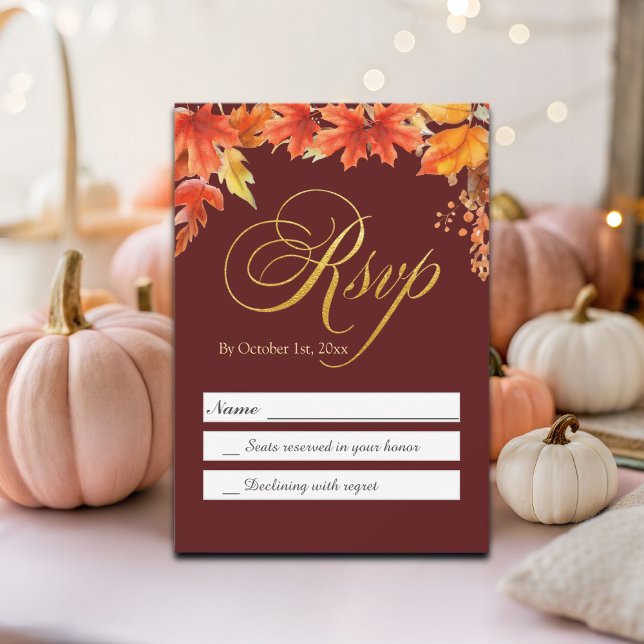Gold Letters Fall Floral Maple Leaves Wedding RSVP (Creator Uploaded)