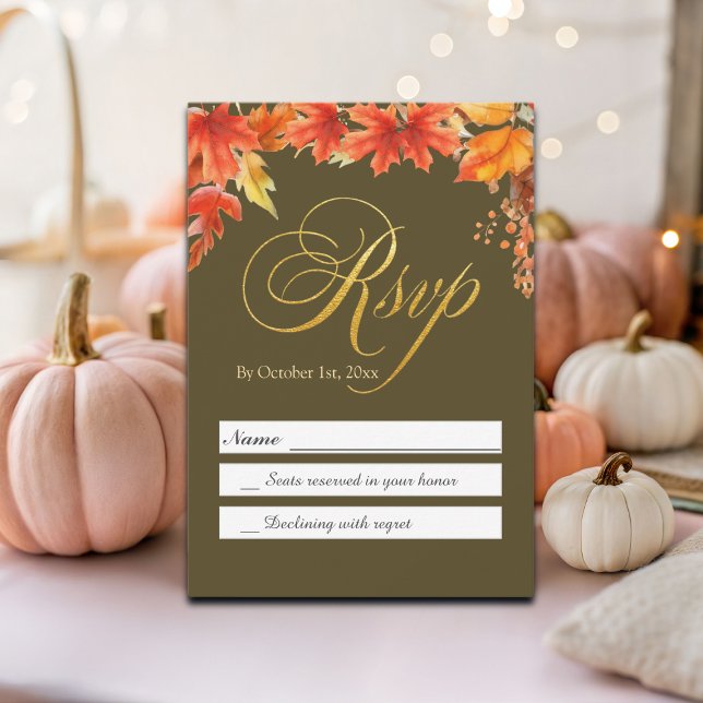 Gold Letters Fall Floral Maple Leaves Wedding RSVP (Creator Uploaded)