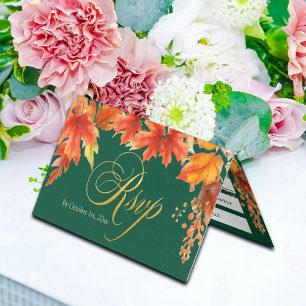 Gold Letters Fall Maple Leaves Wedding RSVP Card