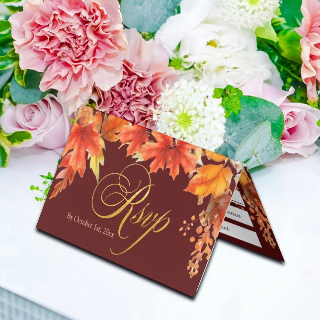Gold Letters Fall Maple Leaves Wedding RSVP Card (Creator Uploaded)