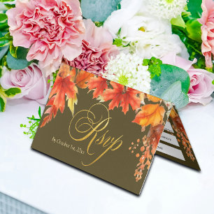 Gold Letters Fall Maple Leaves Wedding RSVP Card