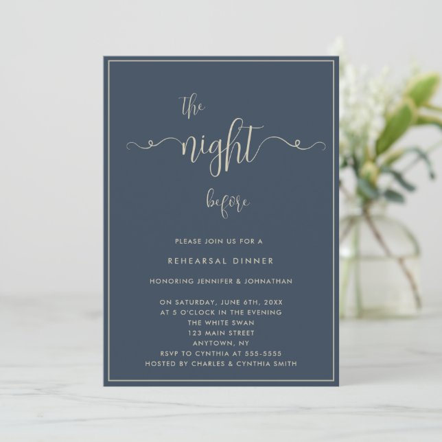 Gold Letters Navy Blue Rehearsal Dinner Invitation (Standing Front)