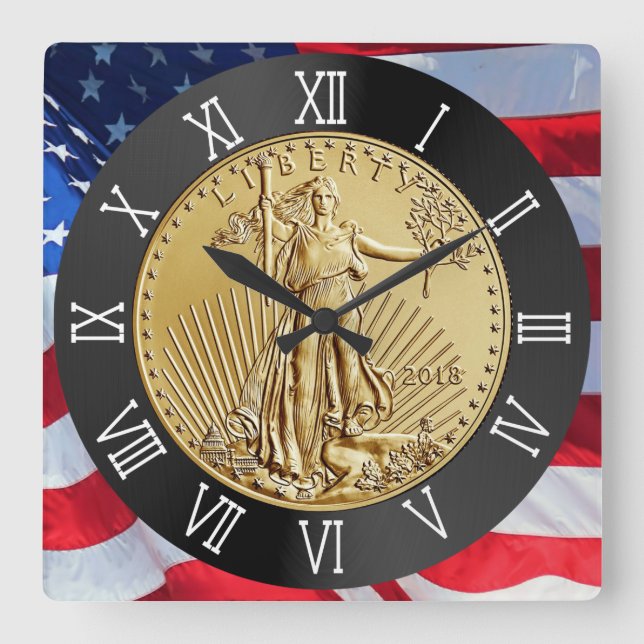 GOLD LIBERTY COIN SQUARE WALL CLOCK (Front)