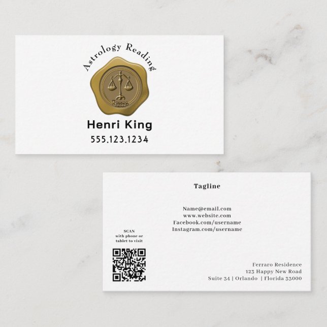 Gold Libra Seal Coin & QR Code Astrology Business Card (Front/Back)