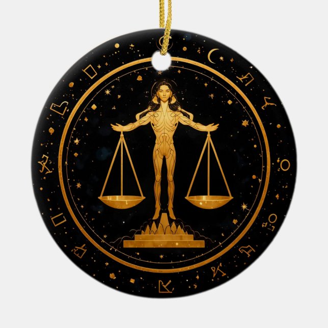 Gold Libra Zodiac Scales Ceramic Tree Decoration (Front)