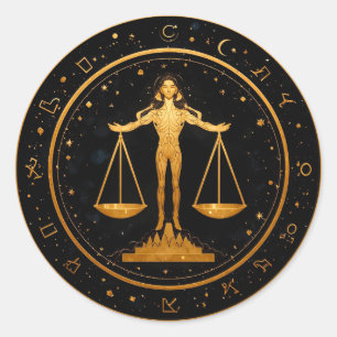 Gold Libra Zodiac Scales Classic Round Sticker