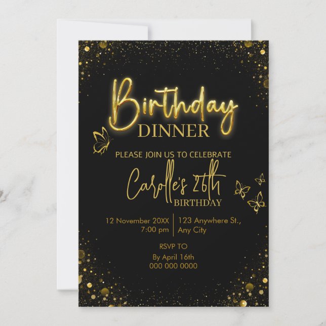Gold Light  Birthday Dinner Invitation (Front)