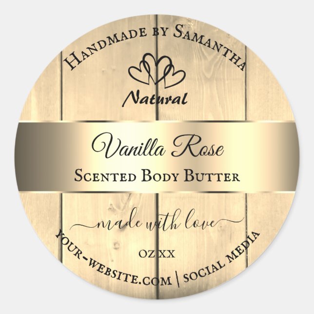 Gold Light Brown Wood Grain Product Labels Hearts (Front)