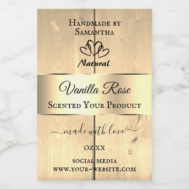Gold Light Brown Wood Grain Product Labels Hearts (Single Label)