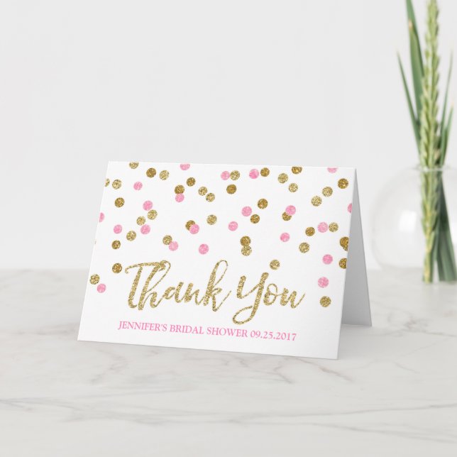 Gold Light Pink Confetti Bridal Shower Thank You Card (Front)