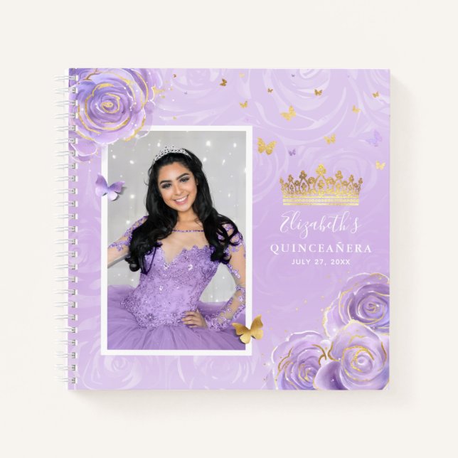 Gold Light Purple Rose Elegant Quinceanera Guest Notebook (Front)