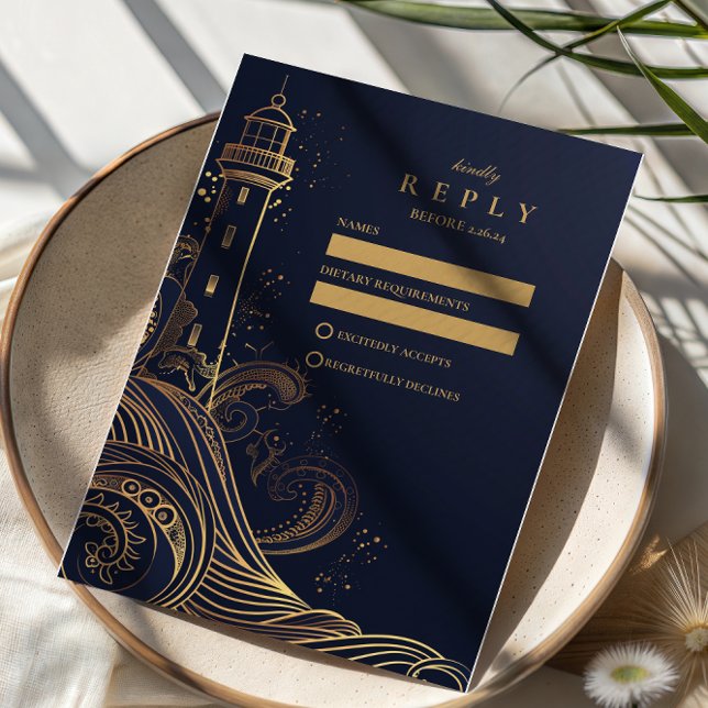 Gold Lighthouse Night Wedding RSVP Card (Creator Uploaded)