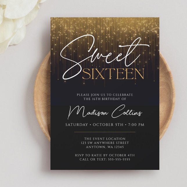 Gold Lights Black Sweet 16 Invitation (Creator Uploaded)