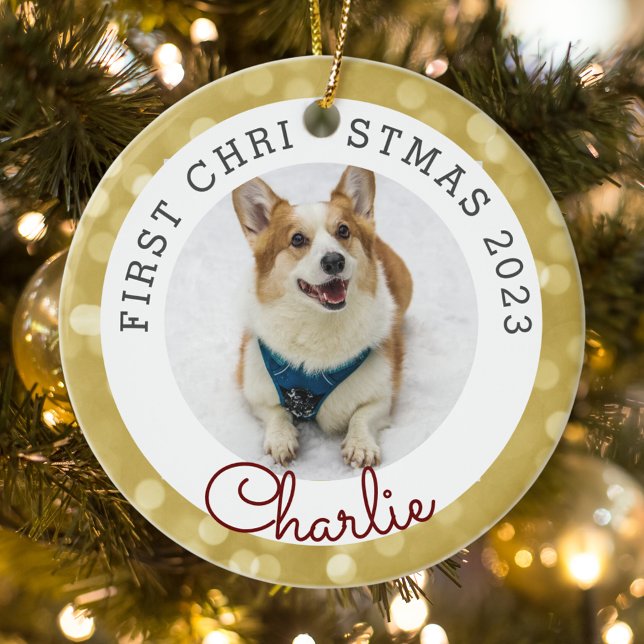 Gold Lights Pet's First Christmas Photo Ceramic Tree Decoration (Creator Uploaded)