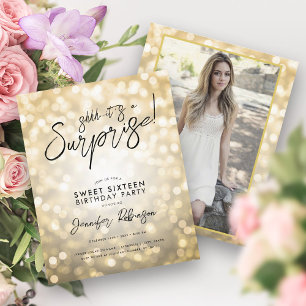 Gold Lights Photo Surprise Sweet 16 Invites 