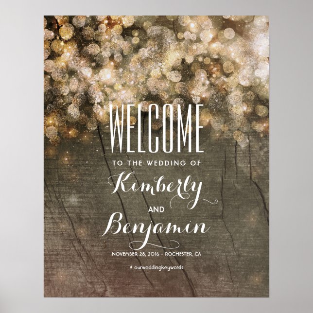 Gold Lights Rustic Country Wedding Welcome Sign (Front)