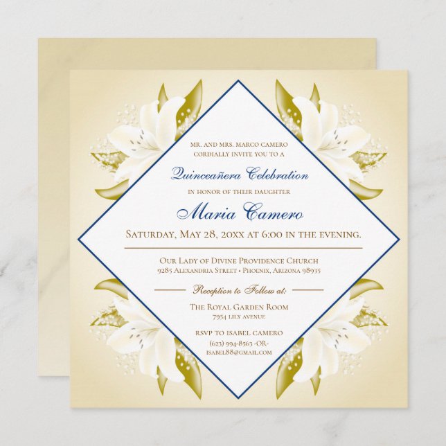 Gold Lilies & Navy Blue Quinceañera Invitation (Front/Back)