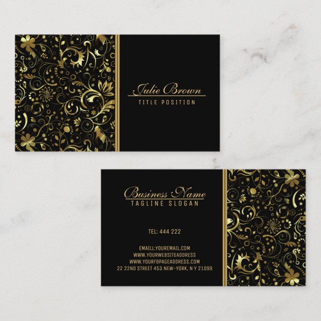 Gold Line And Damask Business Card (Front/Back)