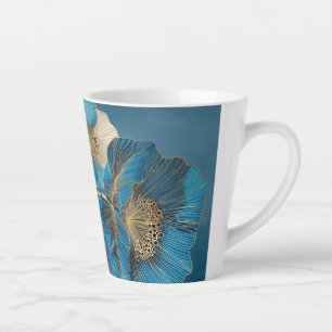 Gold Line Art Blue Poppy Botanical Floral Latte Mug