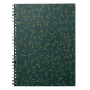 Gold Line Art Botanical Vine Pattern on Dark Green Notebook