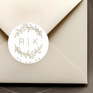 Gold Line Art Botanical Wreath Wedding Monogram Classic Round Sticker