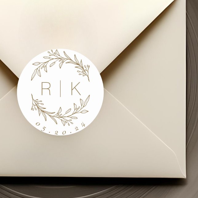 Gold Line Art Botanical Wreath Wedding Monogram Classic Round Sticker (Creator Uploaded)