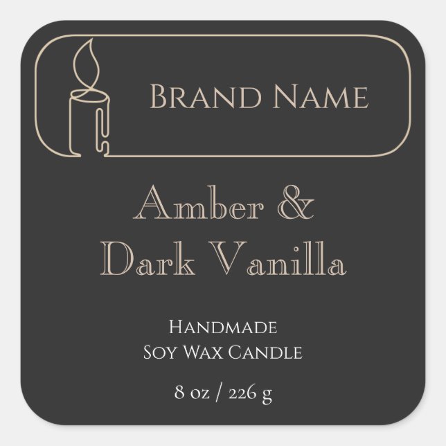 Gold Line Art Candle Label Black Square Sticker (Front)