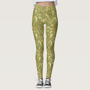 Gold Line Art Ginkgo Leaves Emerald Botanical Leggings