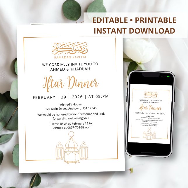 Gold Line Art Lantern Ramadan Iftar Dinner Invitation (Creator Uploaded)