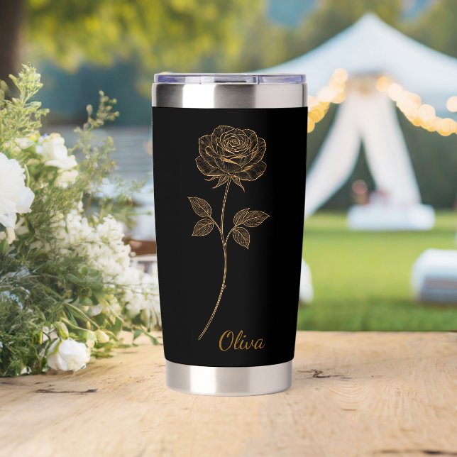 Gold Line Art Rose Custom Name Gift Insulated Tumbler (Wedding (Rotated))