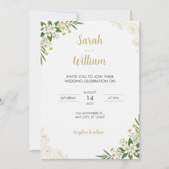 Gold Line Art White Jasmine Wedding Invitation (Front)