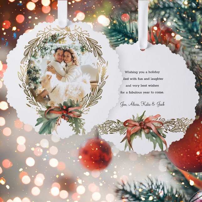 Gold Line-Drawn Christmas Wreath Photo Tree Decoration Card (Creator Uploaded)