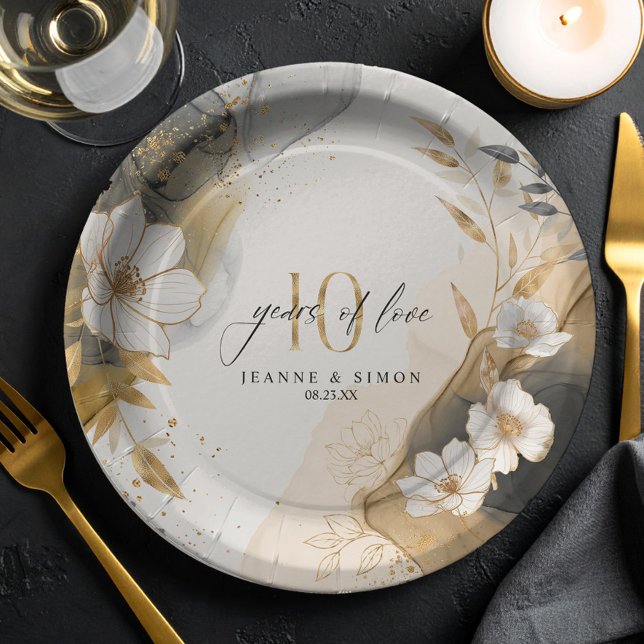 Gold Line Floral 10th Anniversary ID1169 Paper Plate (Creator Uploaded)