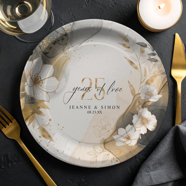 Gold Line Floral 25th Anniversary ID1169 Paper Plate (Creator Uploaded)