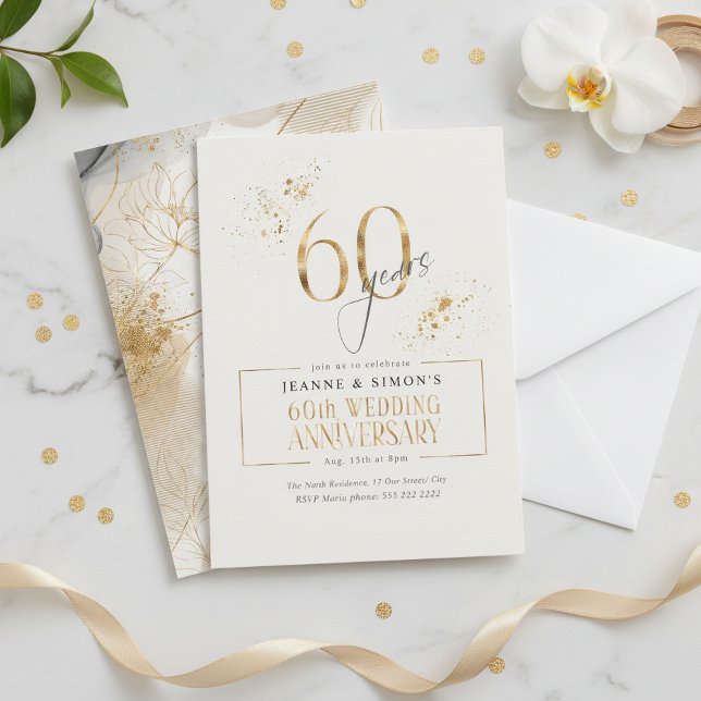 Gold Line Floral 60th Anniversary ID1169 Invitation (Creator Uploaded)