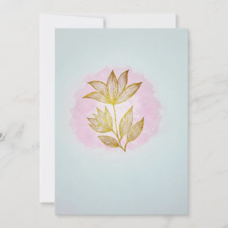 Gold Line Floral on Pink Watercolor Wash Holiday Card