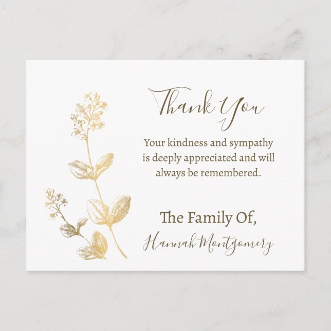 Gold Line Floral Sympathy Thank You Card (Front)