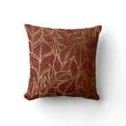 Gold Line Leaf Pattern on Maroon Red Throw Pillow