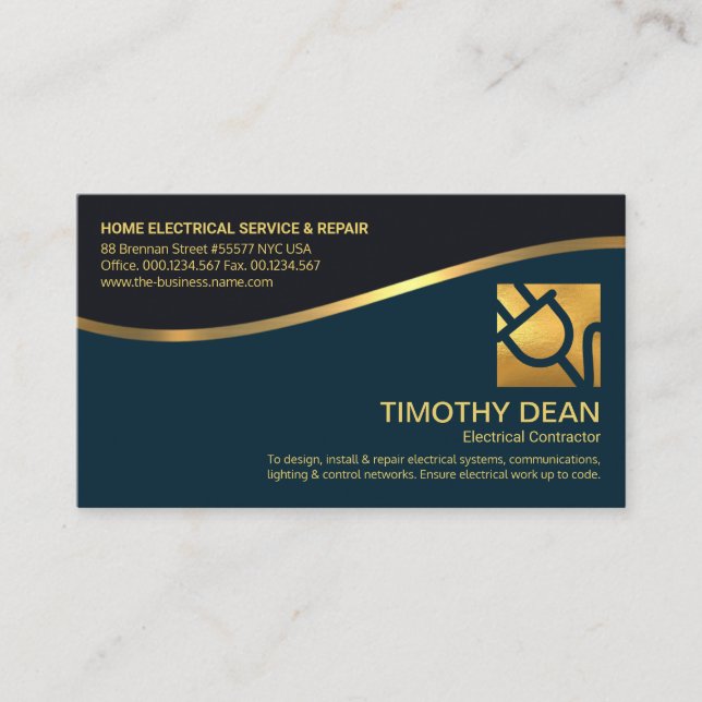 Gold Line Wave Layers Gold Power Plug Electrician Business Card (Front)