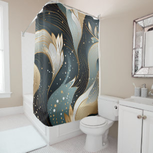 Gold Lined Feather Forms on Deep Blue Grey Shower Curtain