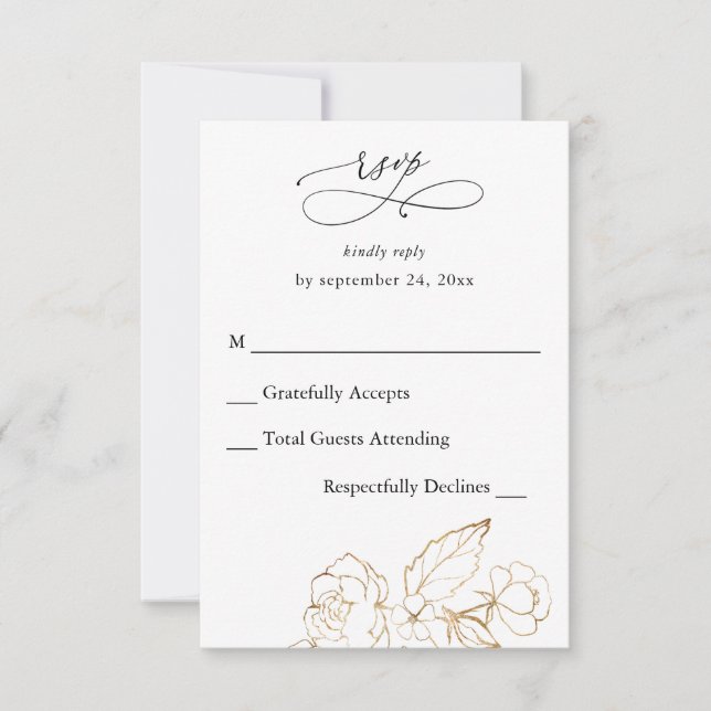Gold Lined Floral no Meal Vertical RSVP Card (Front)