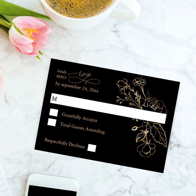 Gold Lined Floral on Black & Gold no Meal RSVP Card (Creator Uploaded)